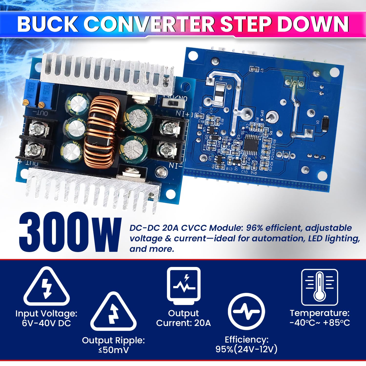 amiciSolar 300W 20A DC-DC Buck Converter – पावरफुल, एडजस्टेबल और हाई-एफिशिएंसी मॉड्यूल