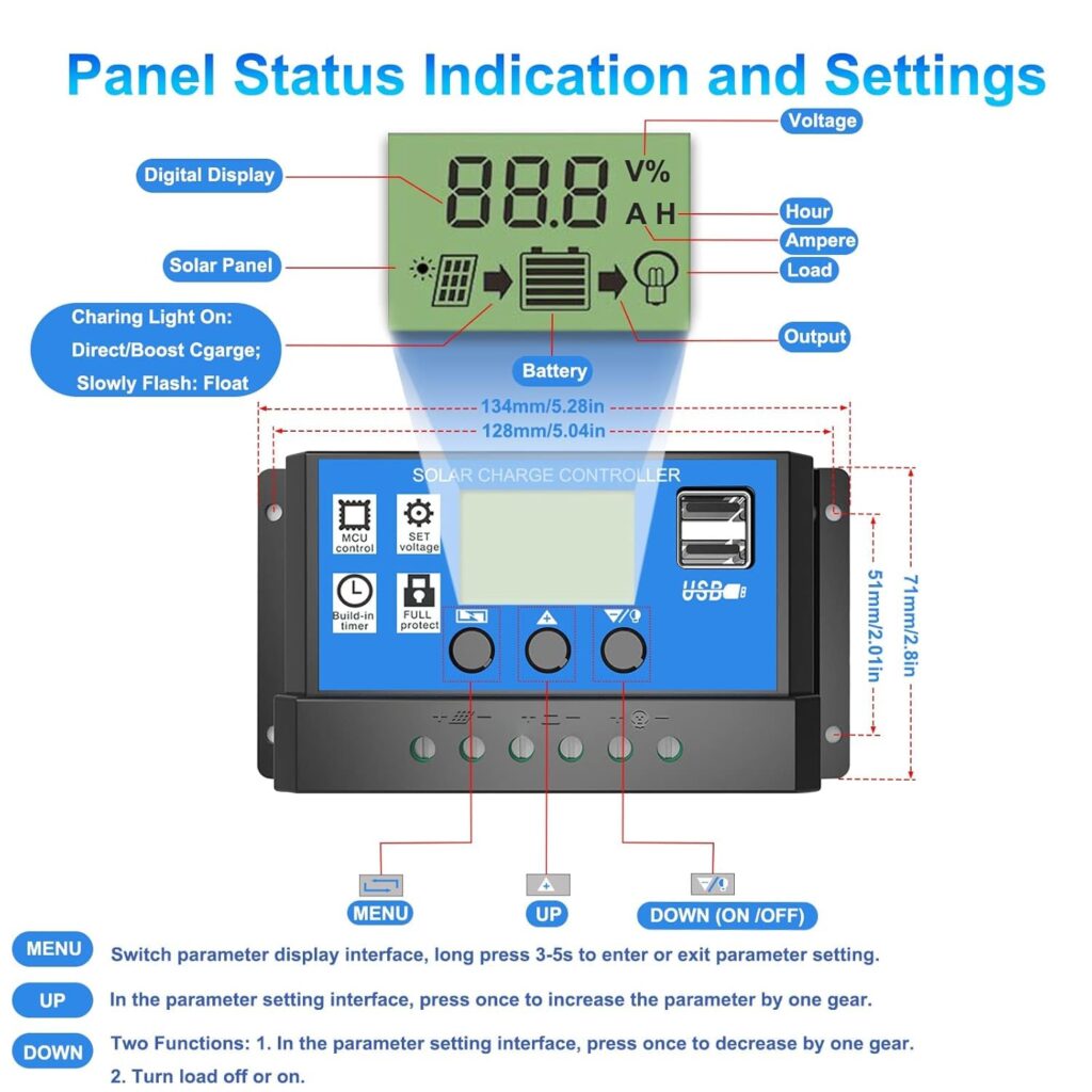 Skypearll Solar Charge Controller 30A (12V/24V) – स्मार्ट LCD डिस्प्ले और डुअल USB पोर्ट के साथ इंटेलिजेंट सोलर बैटरी रेगुलेटर (ब्लू) 2 2 2
